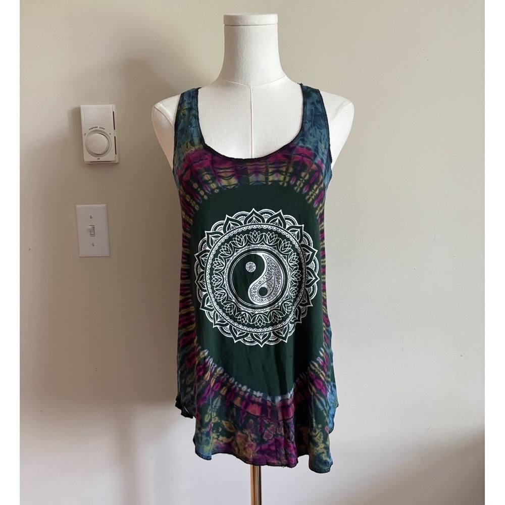 Kathmandu Imports Boho Hippie Festival Tie Dye Top Small Medium Rainbow Yin Yang